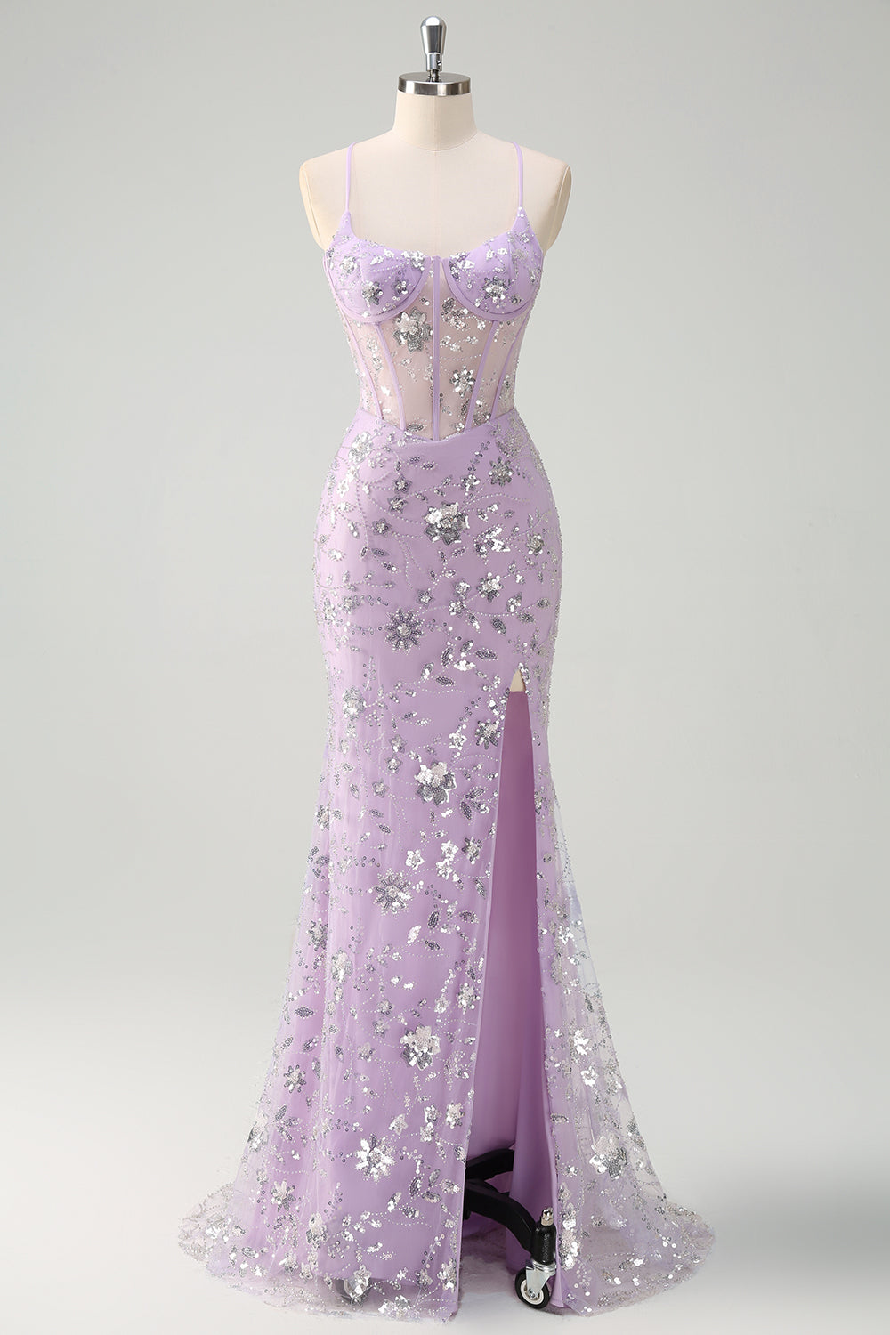 Robe de bal sirène lilas à fines bretelles avec corset et paillettes, et fente