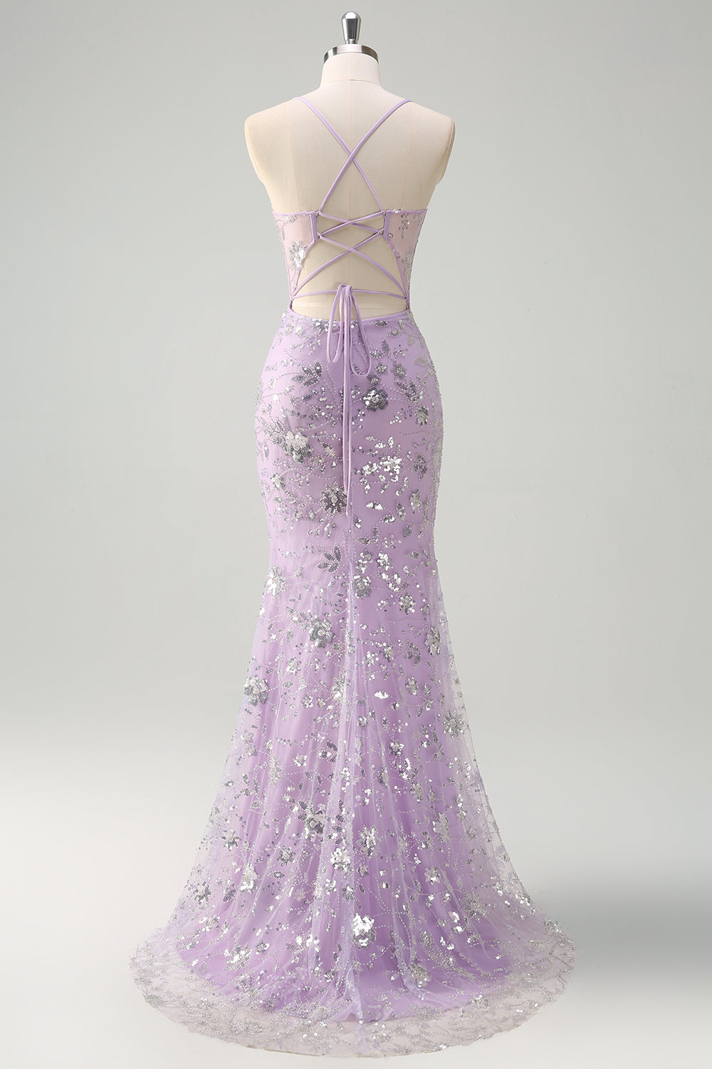 Robe de bal sirène lilas à fines bretelles avec corset et paillettes, et fente
