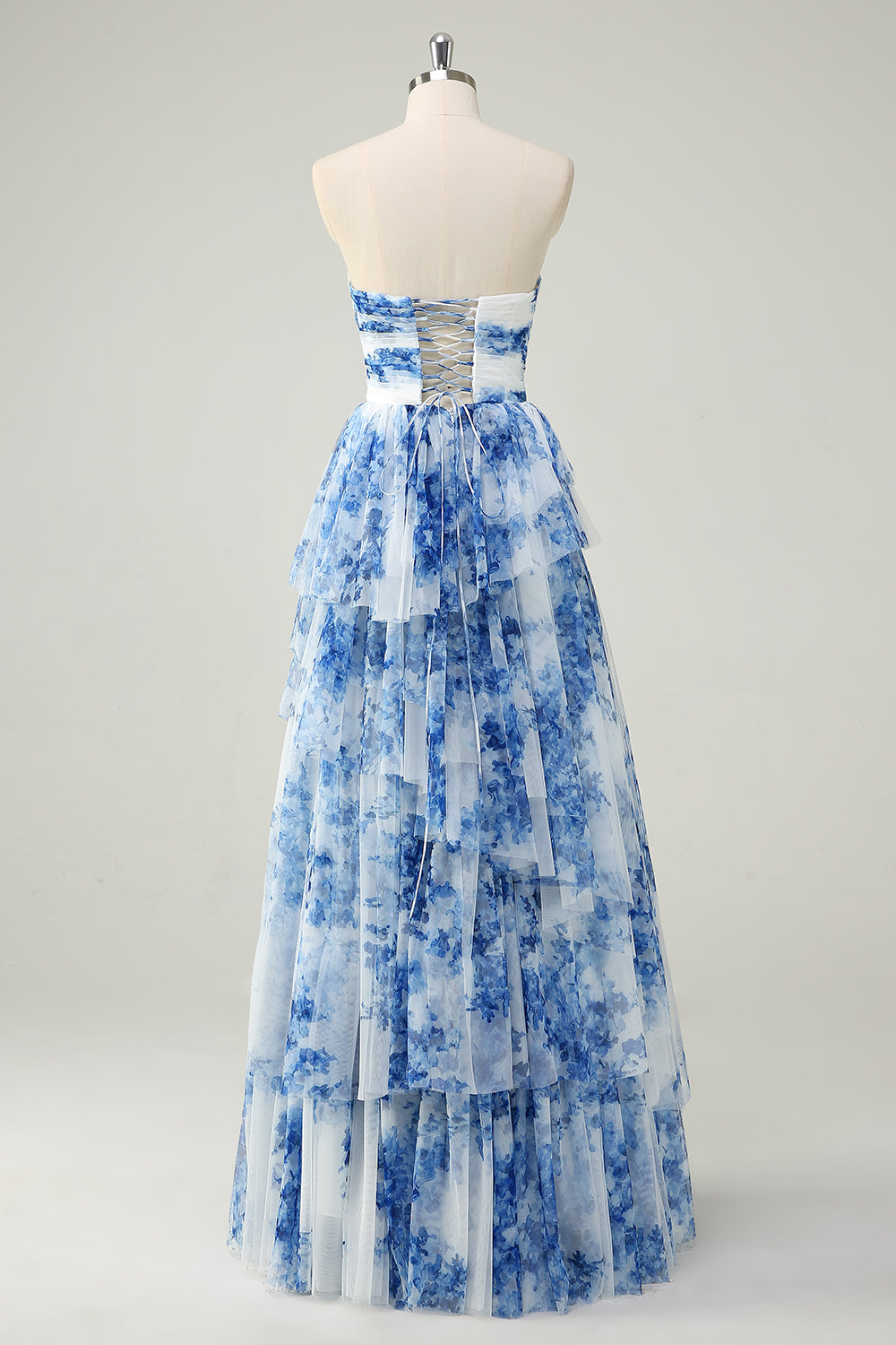 Robe de Bal Droite sans Bretelles à Volants Bleue et Blanche à Fleurs