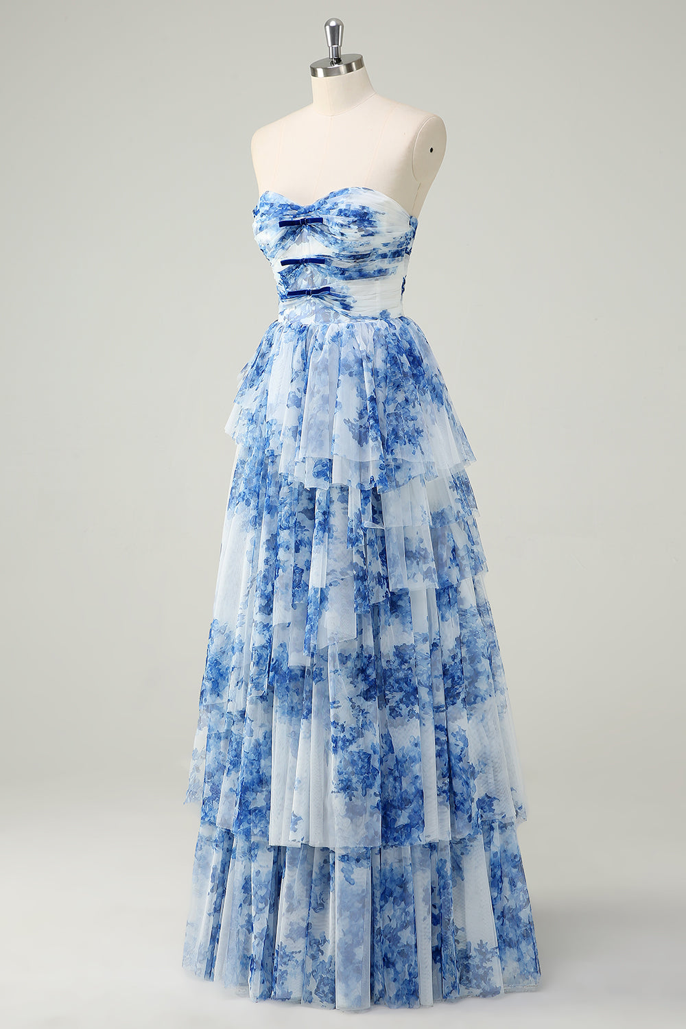 Robe de Bal Droite sans Bretelles à Volants Bleue et Blanche à Fleurs