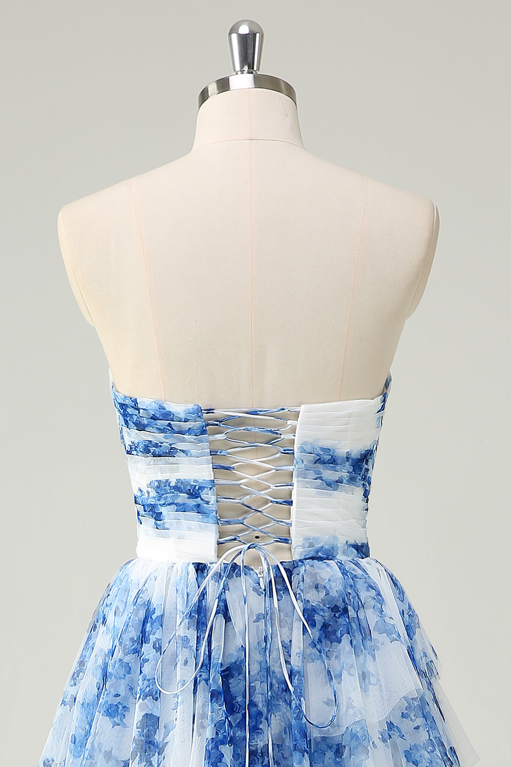 Robe de Bal Droite sans Bretelles à Volants Bleue et Blanche à Fleurs