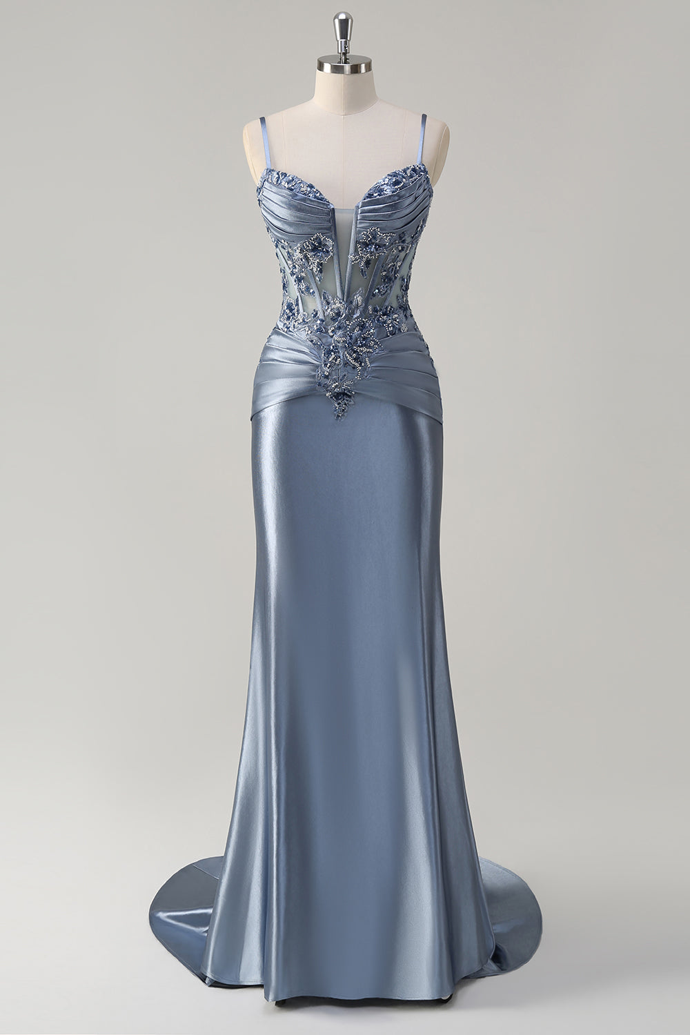 Vestido de Graduación Largo Sirena Gris Azulado Brillante con Tirantes Finos, Corsé, Apliques y Cola