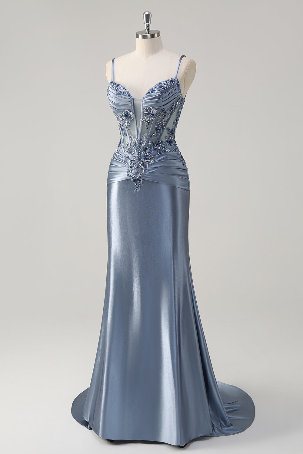 Vestido de Graduación Largo Sirena Gris Azulado Brillante con Tirantes Finos, Corsé, Apliques y Cola