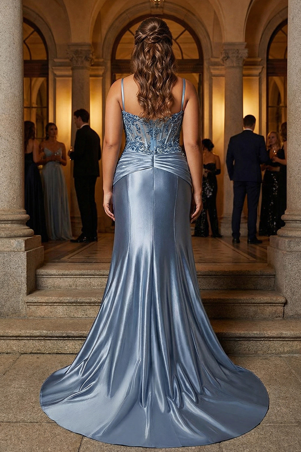Vestido de Graduación Largo Sirena Gris Azulado Brillante con Tirantes Finos, Corsé, Apliques y Cola