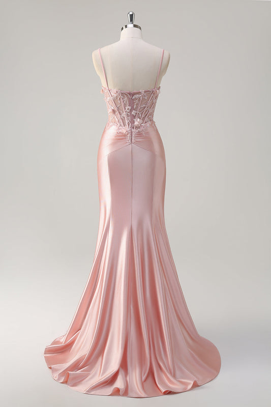 Robe de bal longue en satin avec corsage à fines bretelles, fleurs et queue de sirène rose pailleté