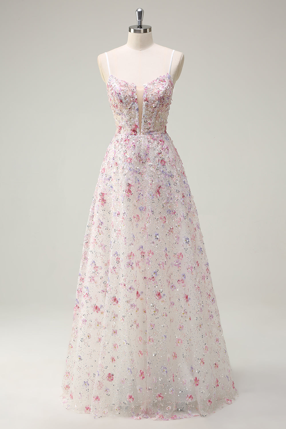 Robe de bal élégante rose à ligne A avec bretelles spaghetti et perles florales, dos lacé