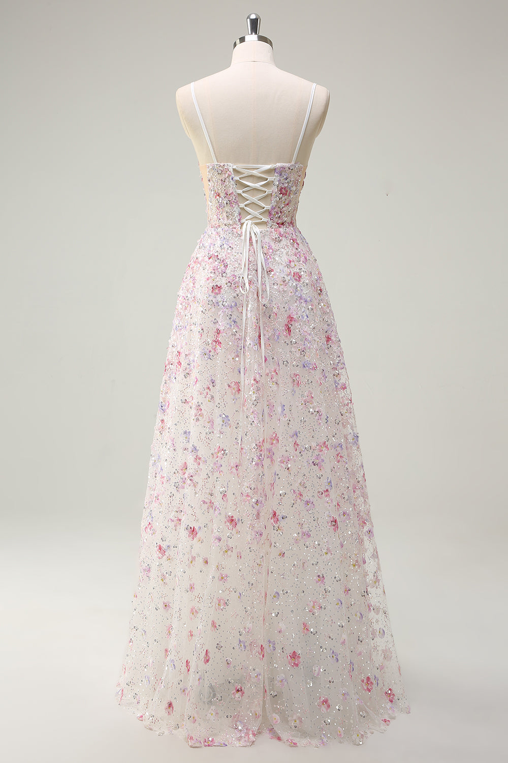 Robe de bal élégante rose à ligne A avec bretelles spaghetti et perles florales, dos lacé