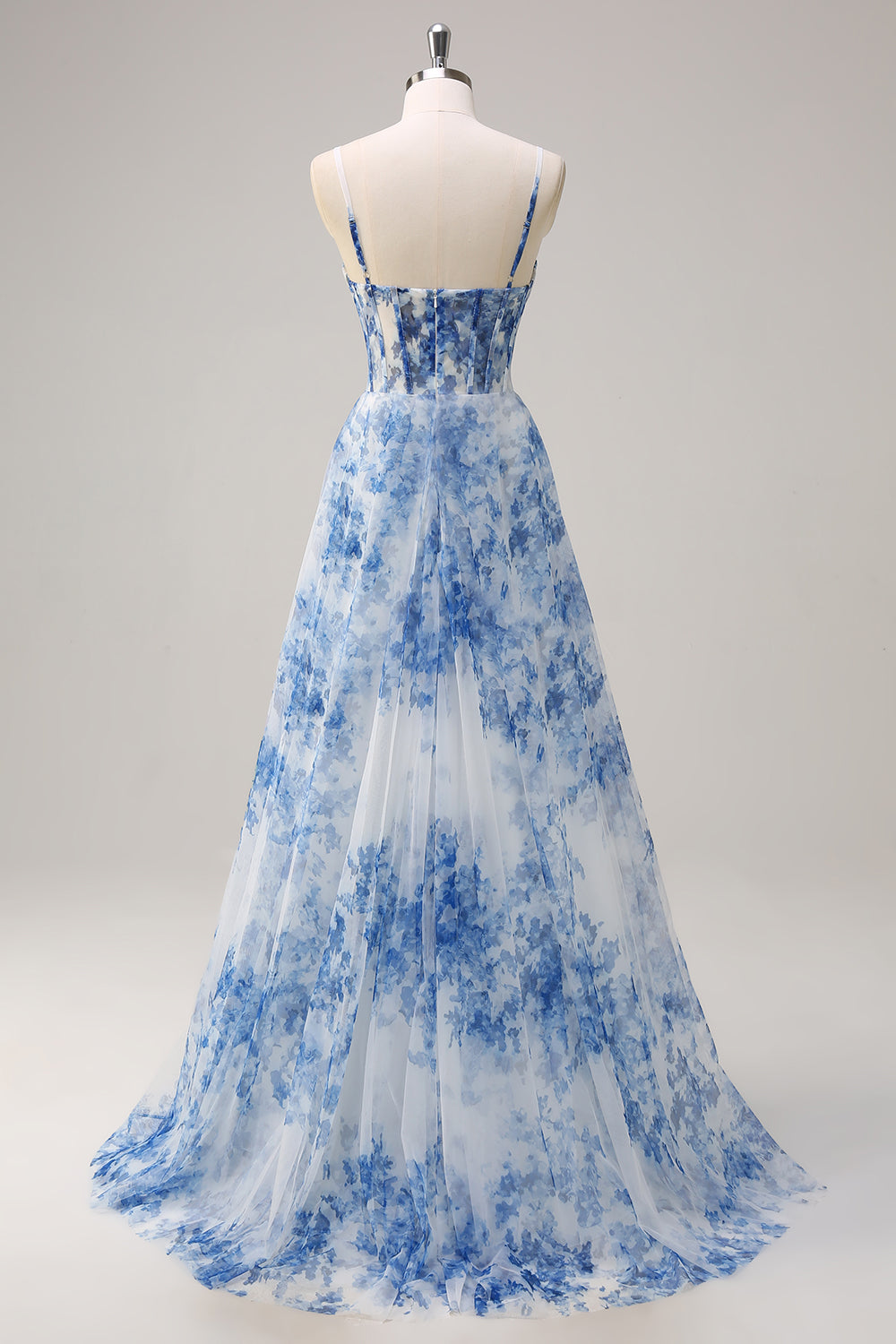 Robe longue de bal blanche à fleurs bleues avec bretelles spaghetti, corsage froncé et fente