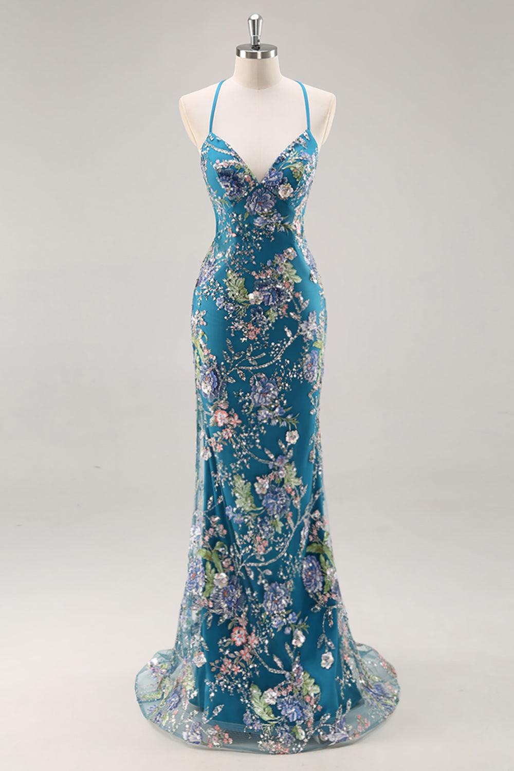 Robe de bal longue grande taille sirène noire à paillettes avec dos nu à lacets