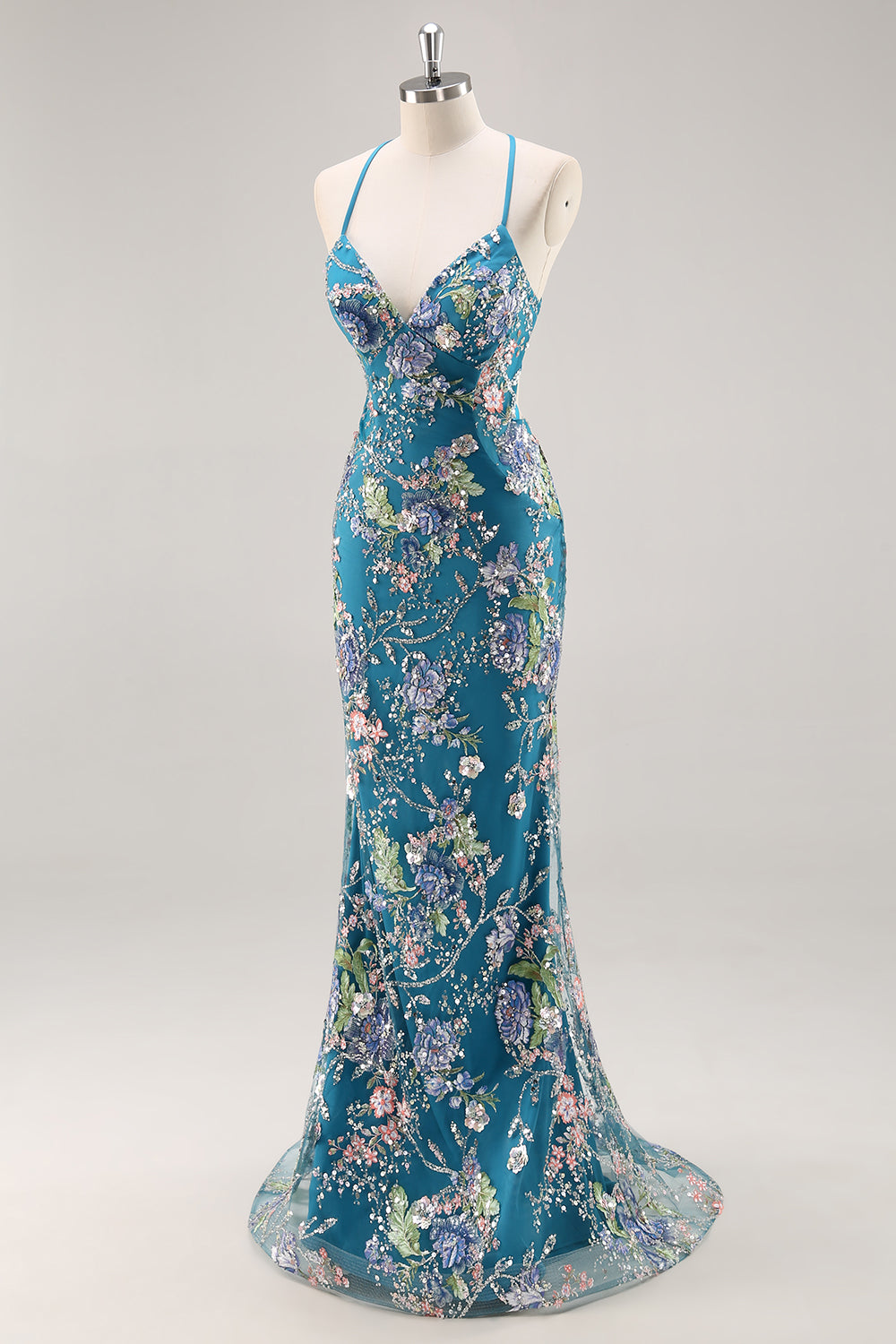 Robe de bal longue grande taille sirène noire à paillettes avec dos nu à lacets