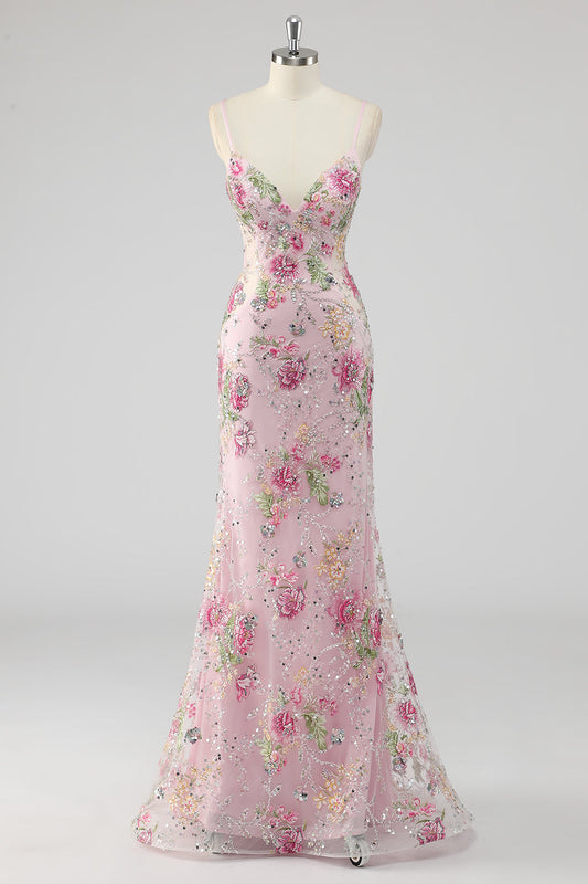 Sparkly Sequins Mermaid Spaghetti Straps Floral Pink Prom Dress with Appliques