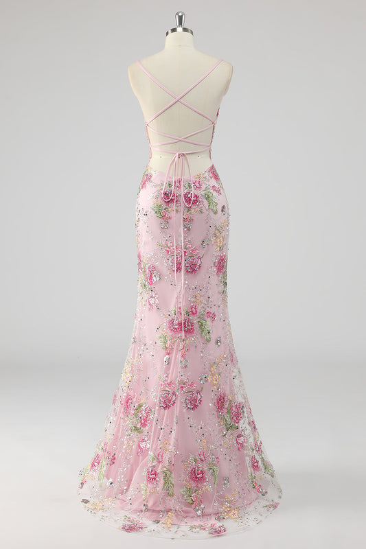 Sparkly Sequins Mermaid Spaghetti Straps Floral Pink Prom Dress with Appliques