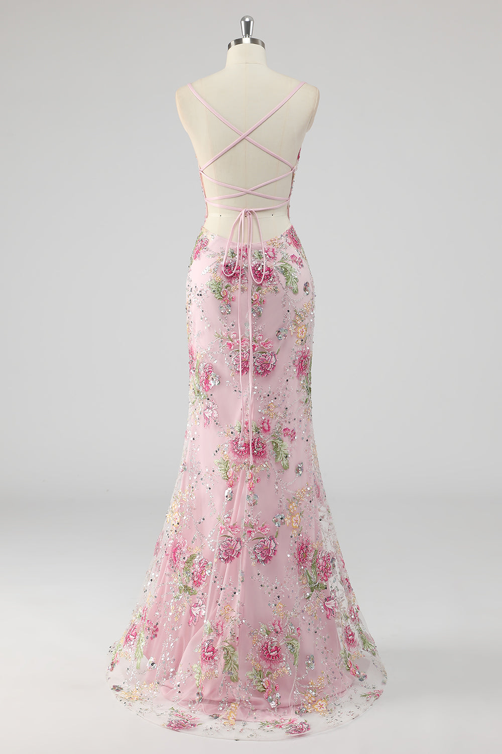 Pink Mermaid Sequins Floral Plus Size Long Prom Dress with Lace Up Back