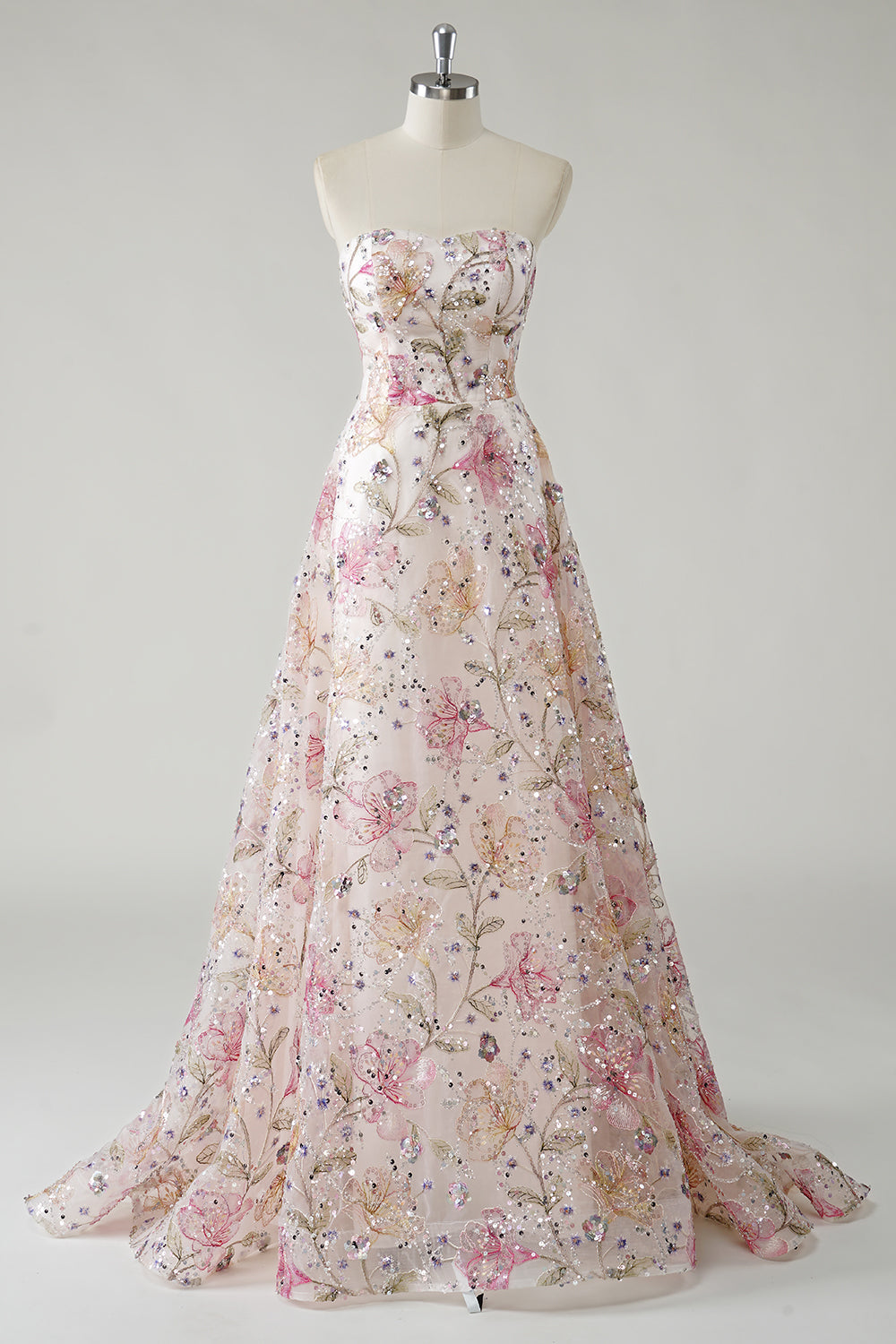Robe de bal longue grande taille sans bretelles coupe A en tulle rose étincelant à sequins et motifs floraux
