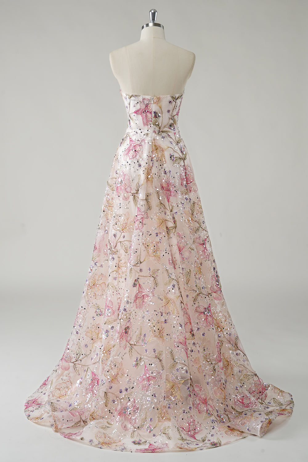Robe de bal longue grande taille sans bretelles coupe A en tulle rose étincelant à sequins et motifs floraux