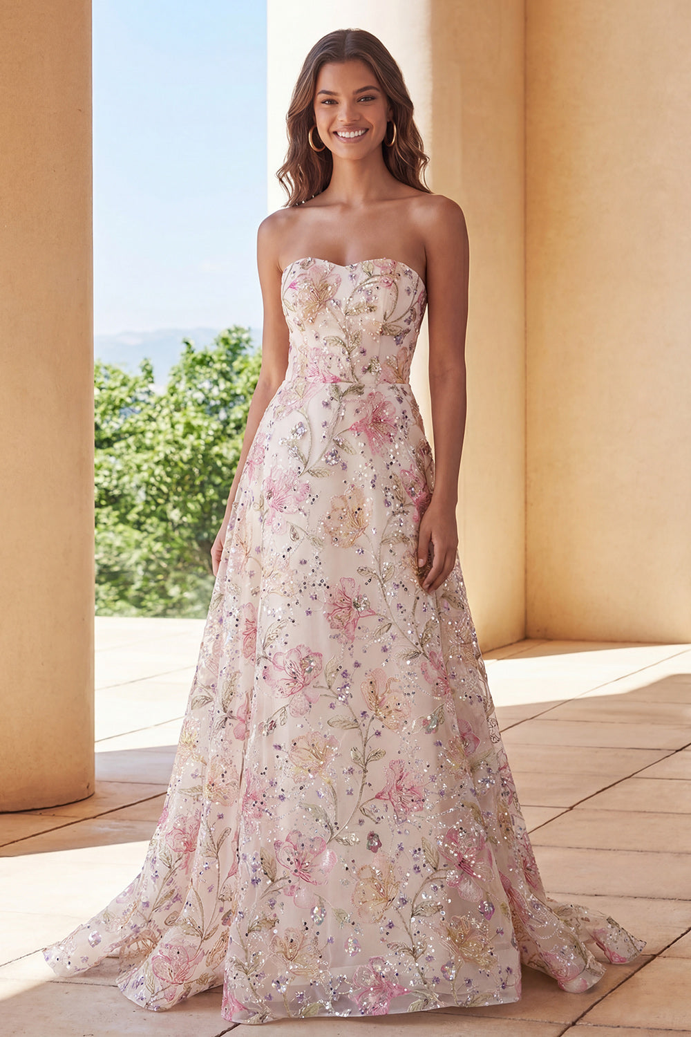 Robe de bal longue grande taille sans bretelles coupe A en tulle rose étincelant à sequins et motifs floraux