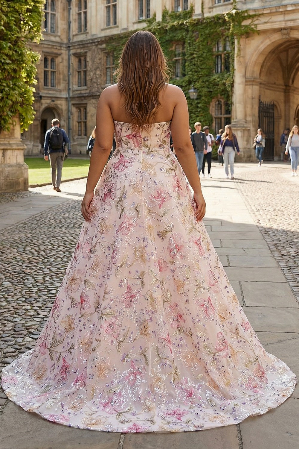 Sparkly Pink A-Line Strapless Sequin Floral Long Prom Dress