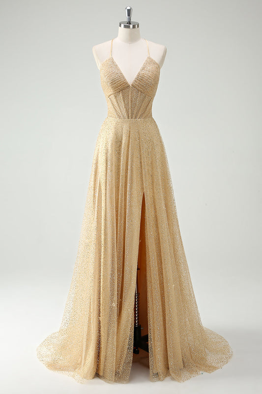 Robe de bal trapèze dorée à sequins avec bretelles spaghetti et fente