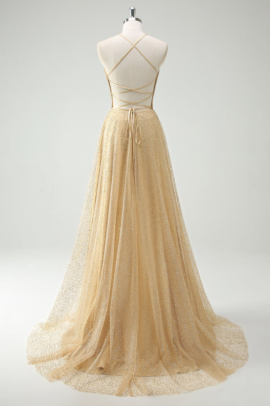 Robe de bal trapèze dorée à sequins avec bretelles spaghetti et fente