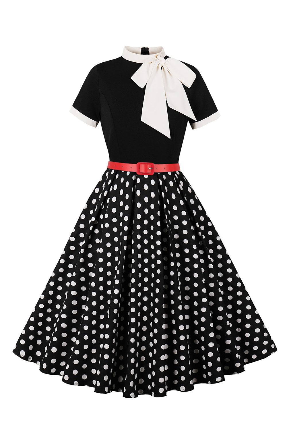 Robe courte à pois noirs à manches courtes style années 50 avec ceinture