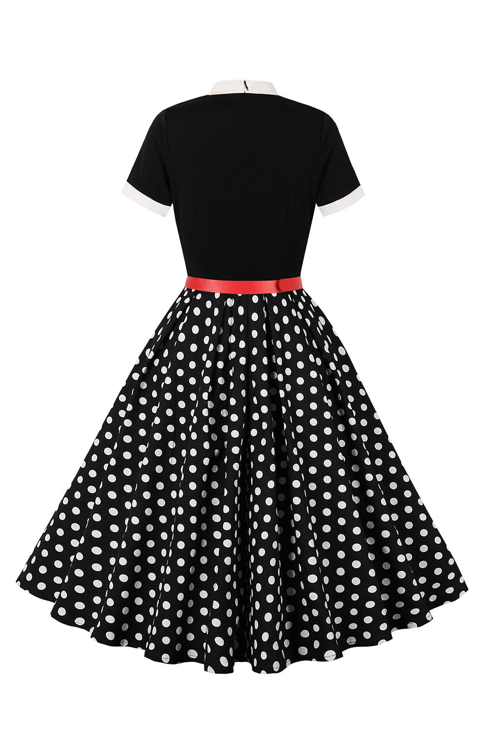 Robe courte à pois noirs à manches courtes style années 50 avec ceinture