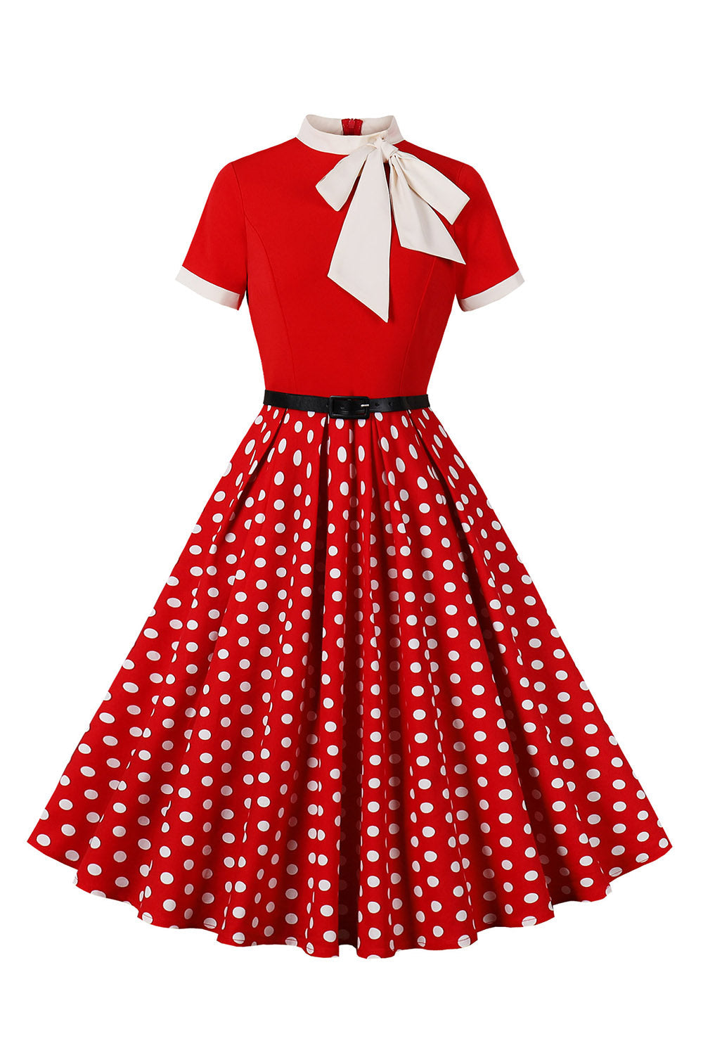Robe courte à pois noirs à manches courtes style années 50 avec ceinture