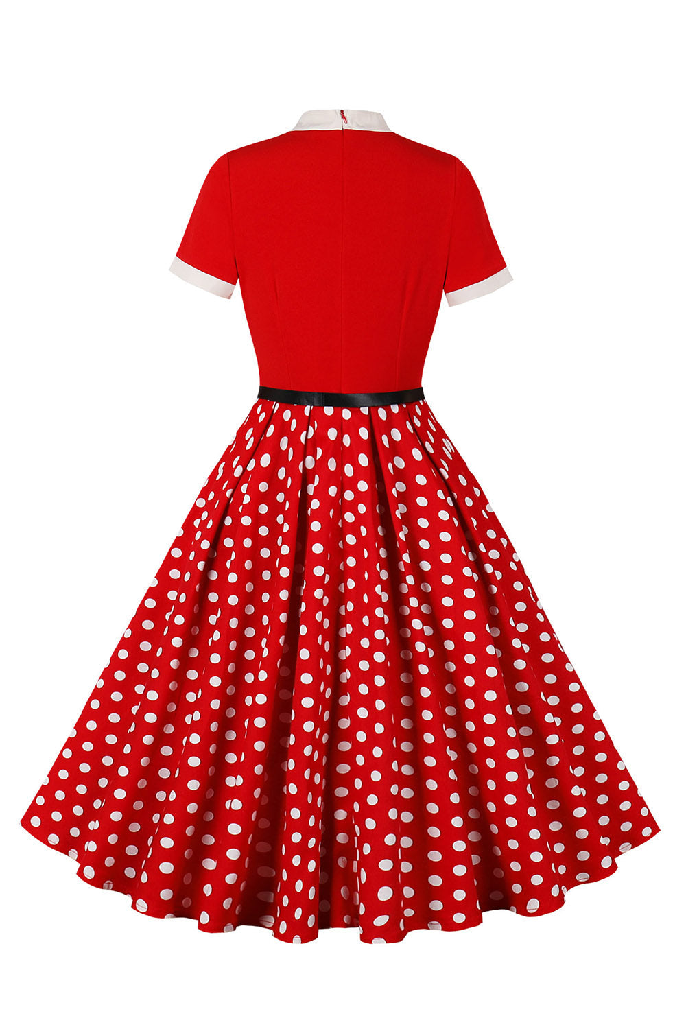 Robe courte à pois noirs à manches courtes style années 50 avec ceinture
