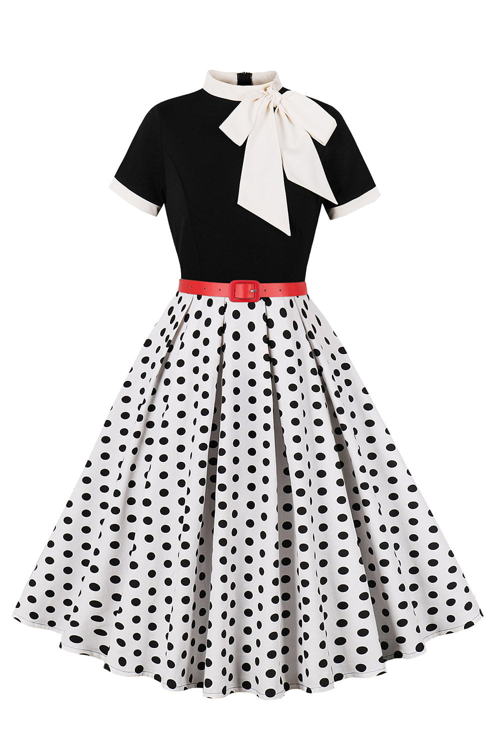 Robe courte à pois noirs à manches courtes style années 50 avec ceinture
