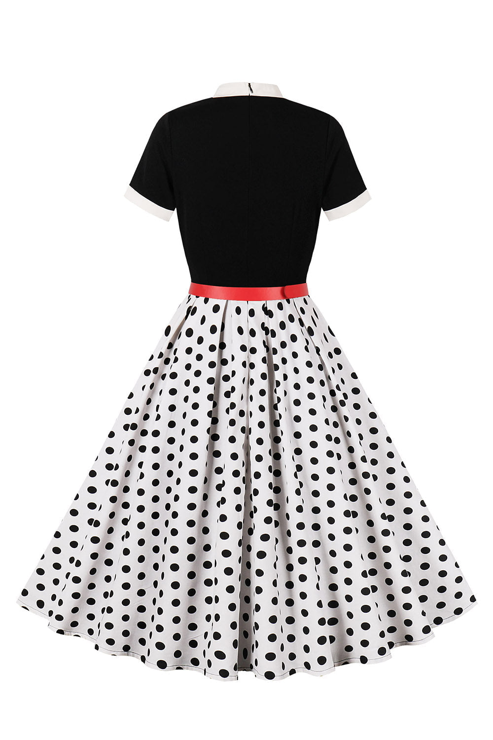 Robe courte à pois noirs à manches courtes style années 50 avec ceinture