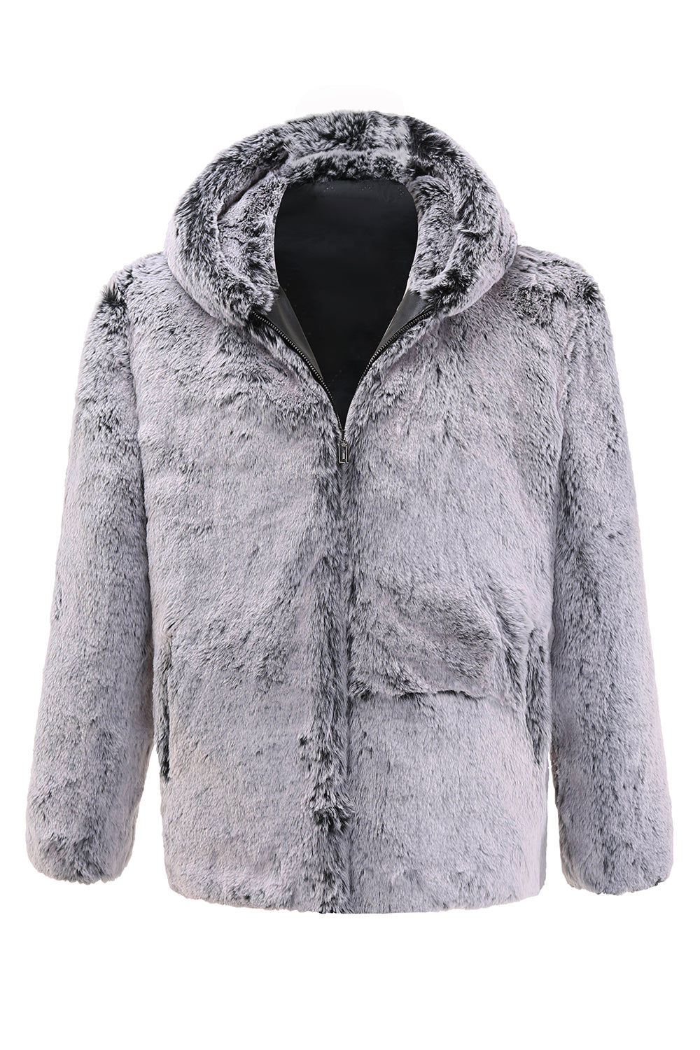 Gabán de piel de oveja gris con capucha y de largo medio para hombre