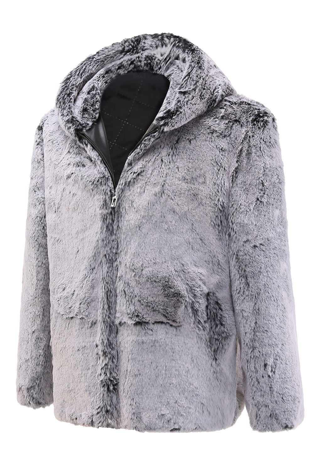 Gabán de piel de oveja gris con capucha y de largo medio para hombre