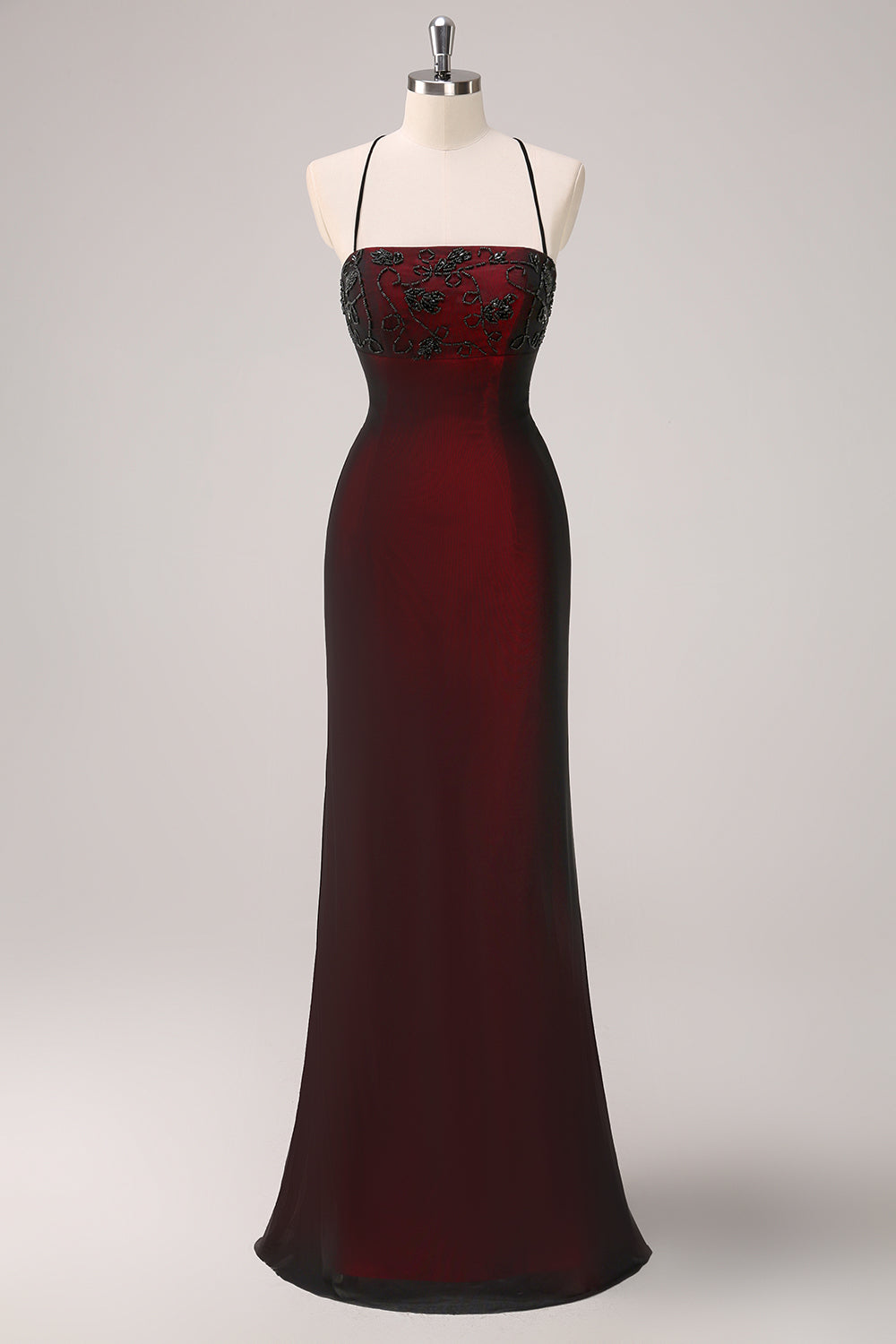 Robe de demoiselle d'honneur sirène noire et rouge à fines bretelles et perles
