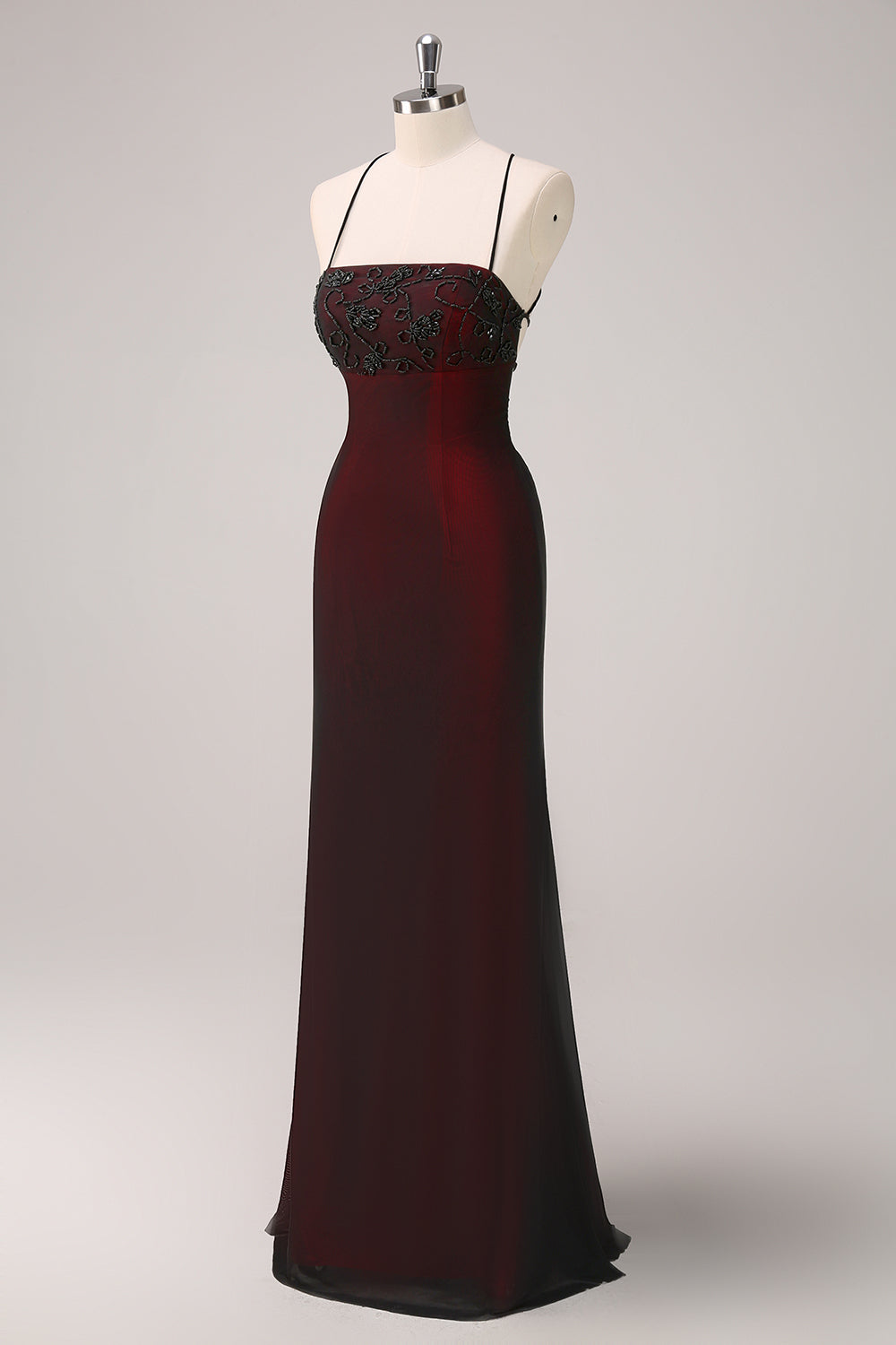 Robe de demoiselle d'honneur sirène noire et rouge à fines bretelles et perles