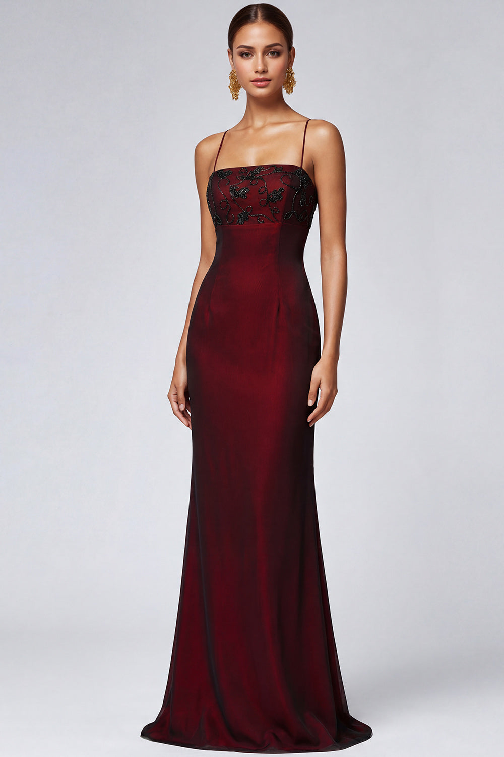 Robe de demoiselle d'honneur sirène noire et rouge à fines bretelles et perles