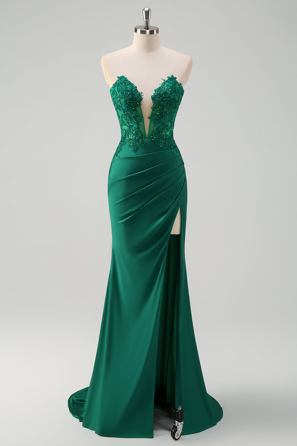 Robe de bal longue bustier sirène vert avec découpes et fente