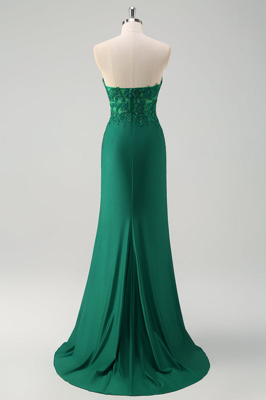 Sparkly Green Mermaid Strapless Corset Long Prom Dress with Slit