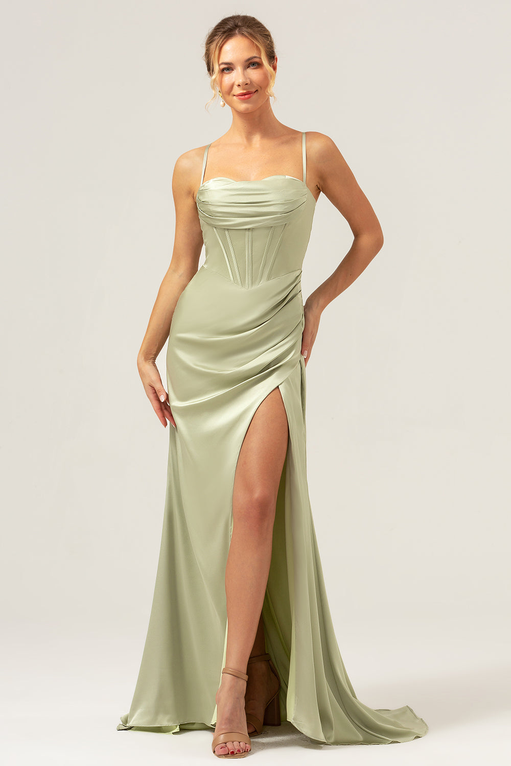 Dusty Blue Mermaid Spaghetti Straps Corset Satin Bridesmaid Dress with Slit