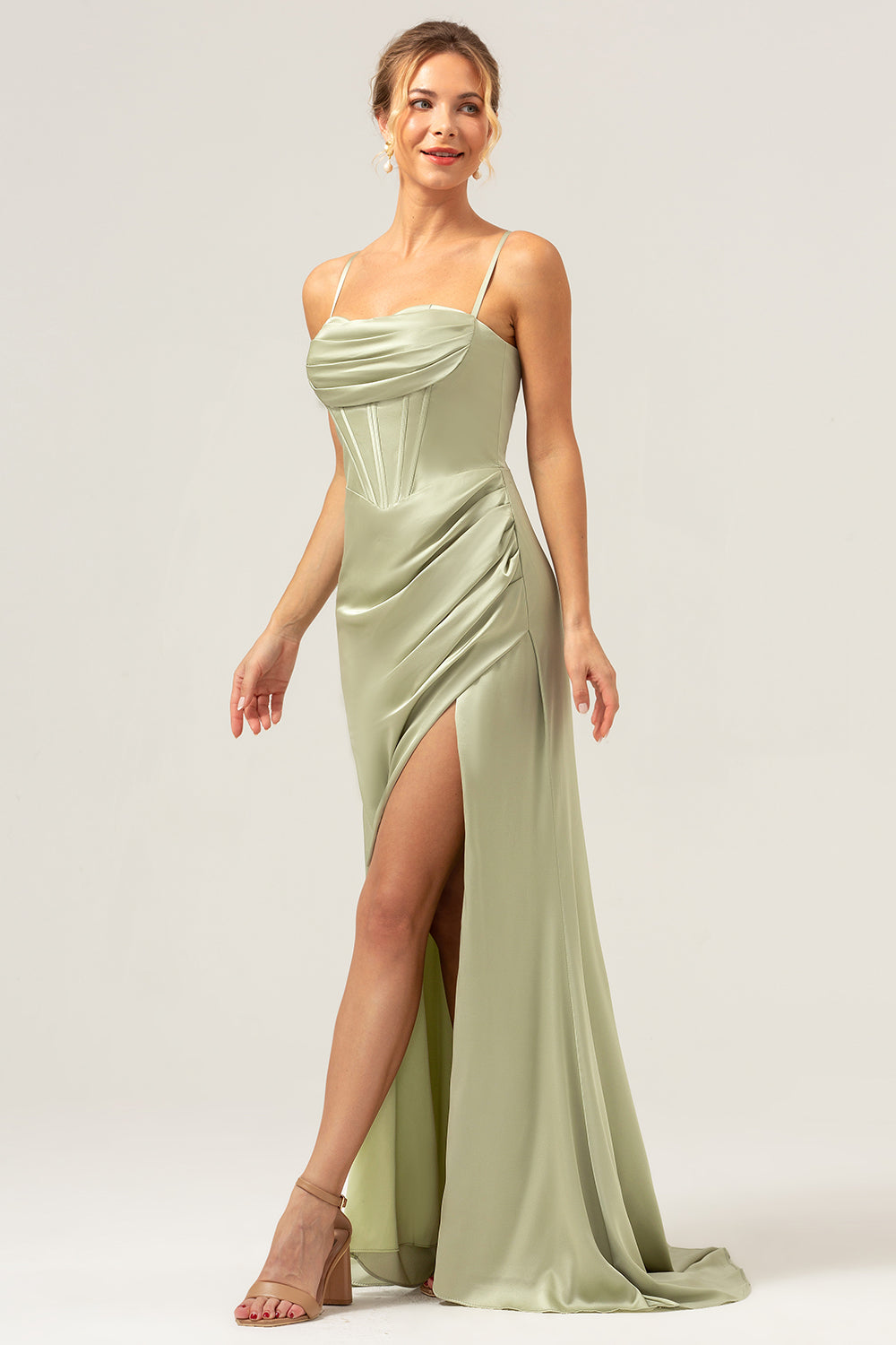 Dusty Blue Mermaid Spaghetti Straps Corset Satin Bridesmaid Dress with Slit
