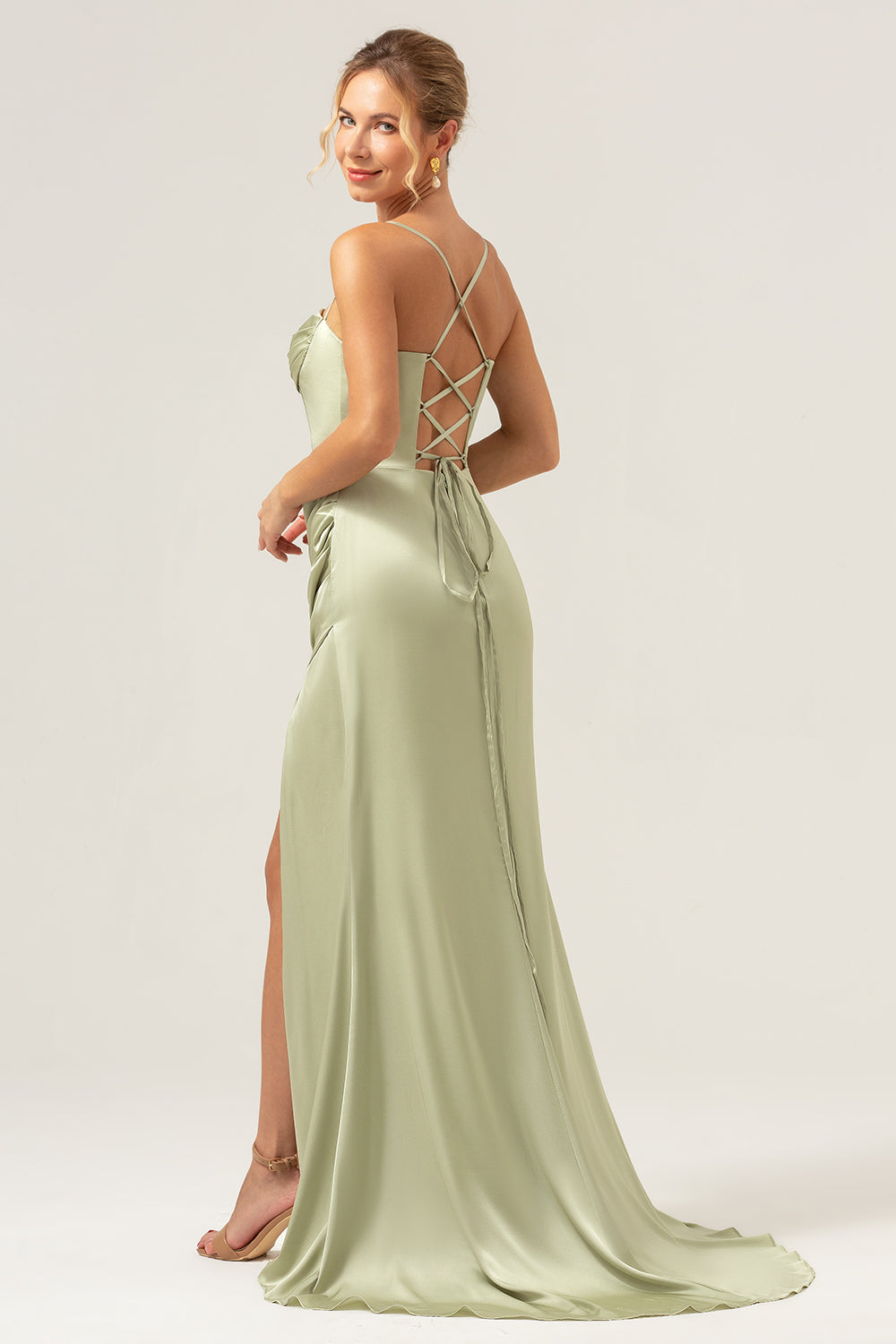 Dusty Blue Mermaid Spaghetti Straps Corset Satin Bridesmaid Dress with Slit