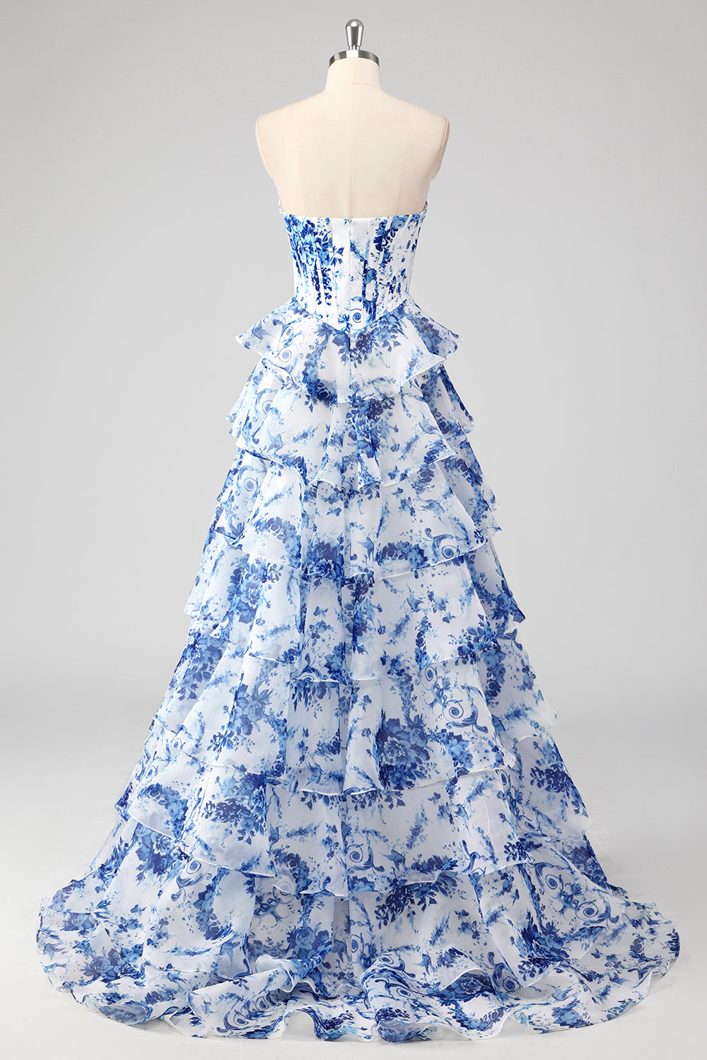 A-Line Blue Floor-Length Graduation Dress with White Flowers, Sweetheart Neckline, Layers, and Slit