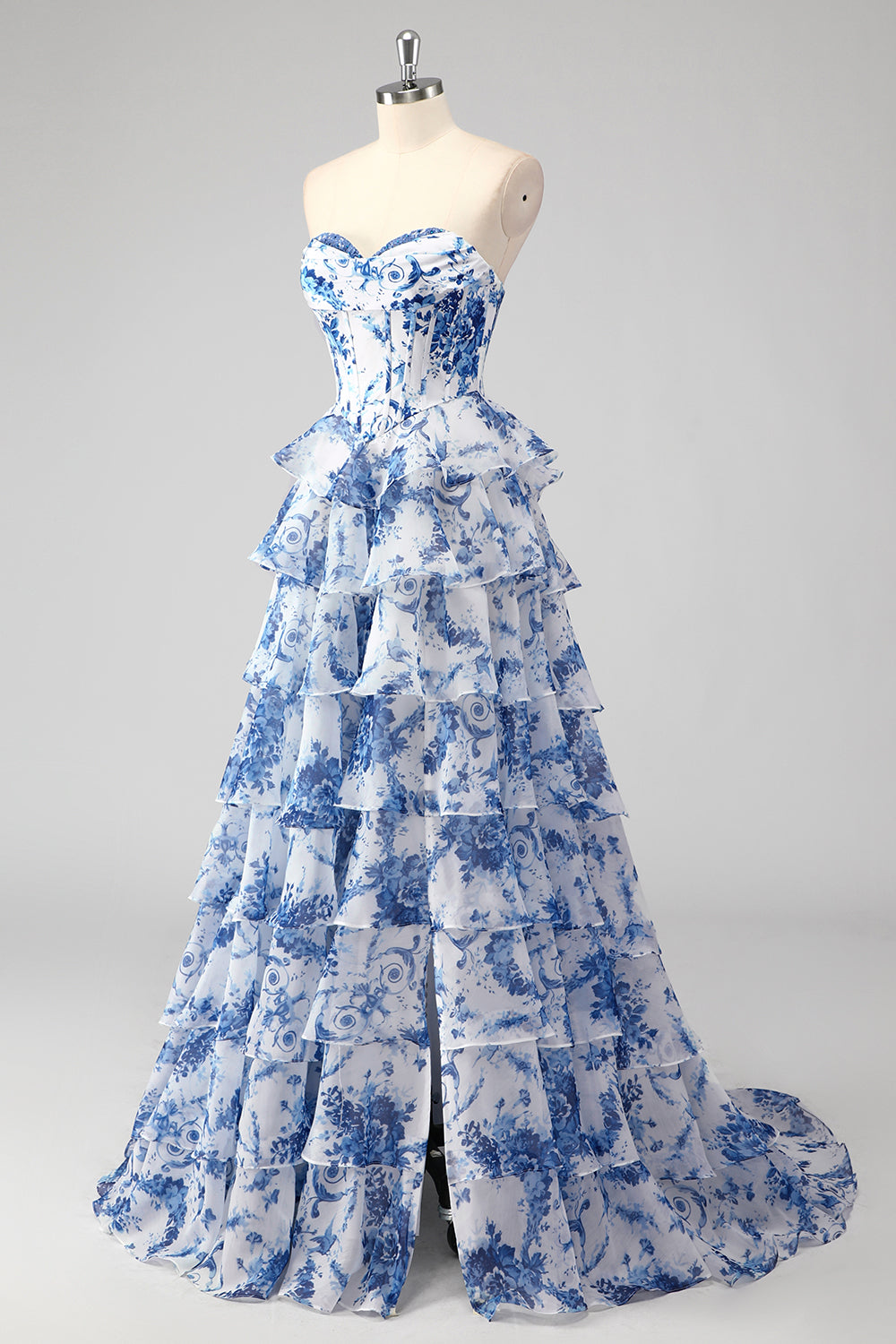 A-Line Blue Floor-Length Graduation Dress with White Flowers, Sweetheart Neckline, Layers, and Slit