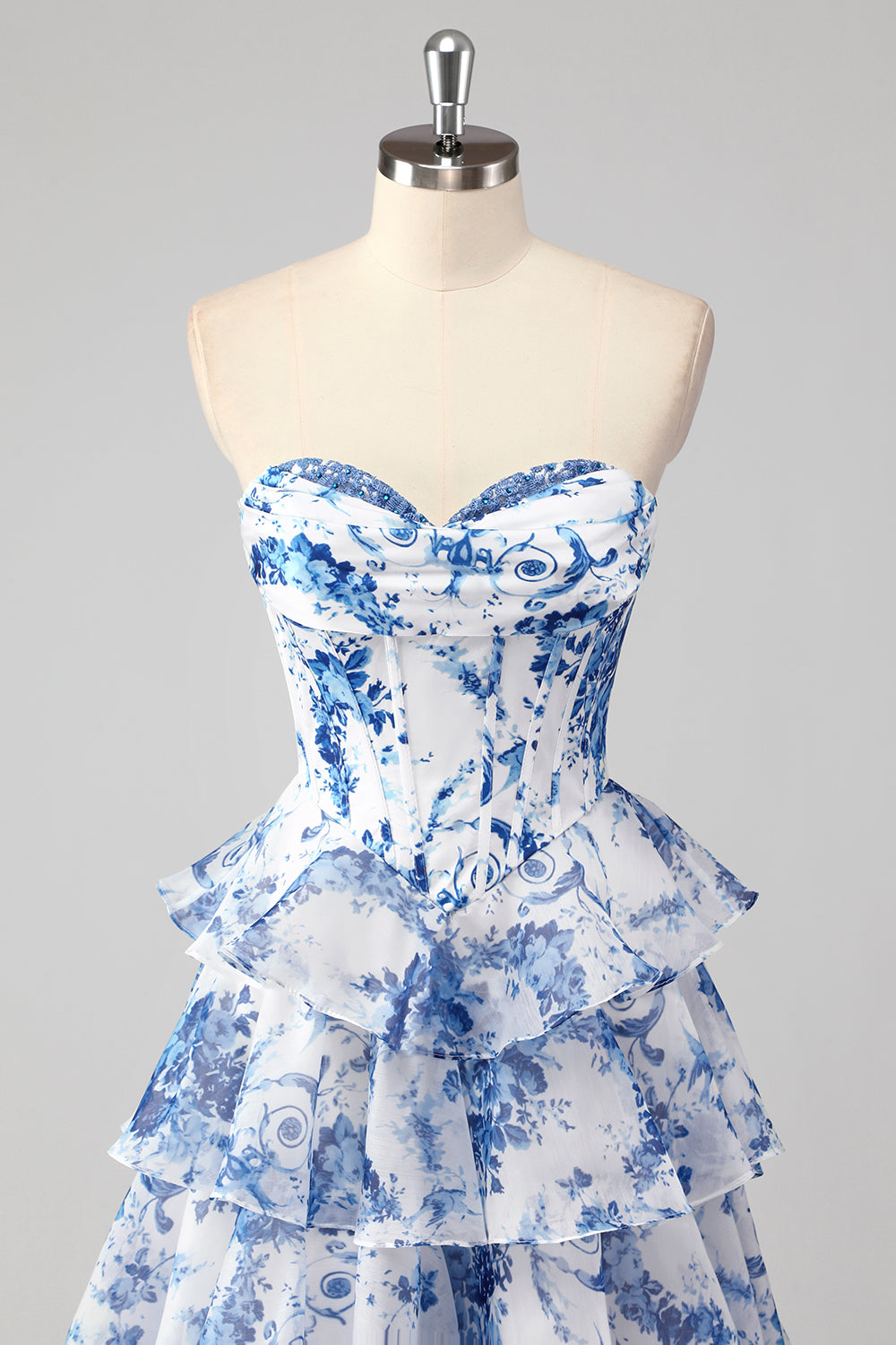 A-Line Blue Floor-Length Graduation Dress with White Flowers, Sweetheart Neckline, Layers, and Slit