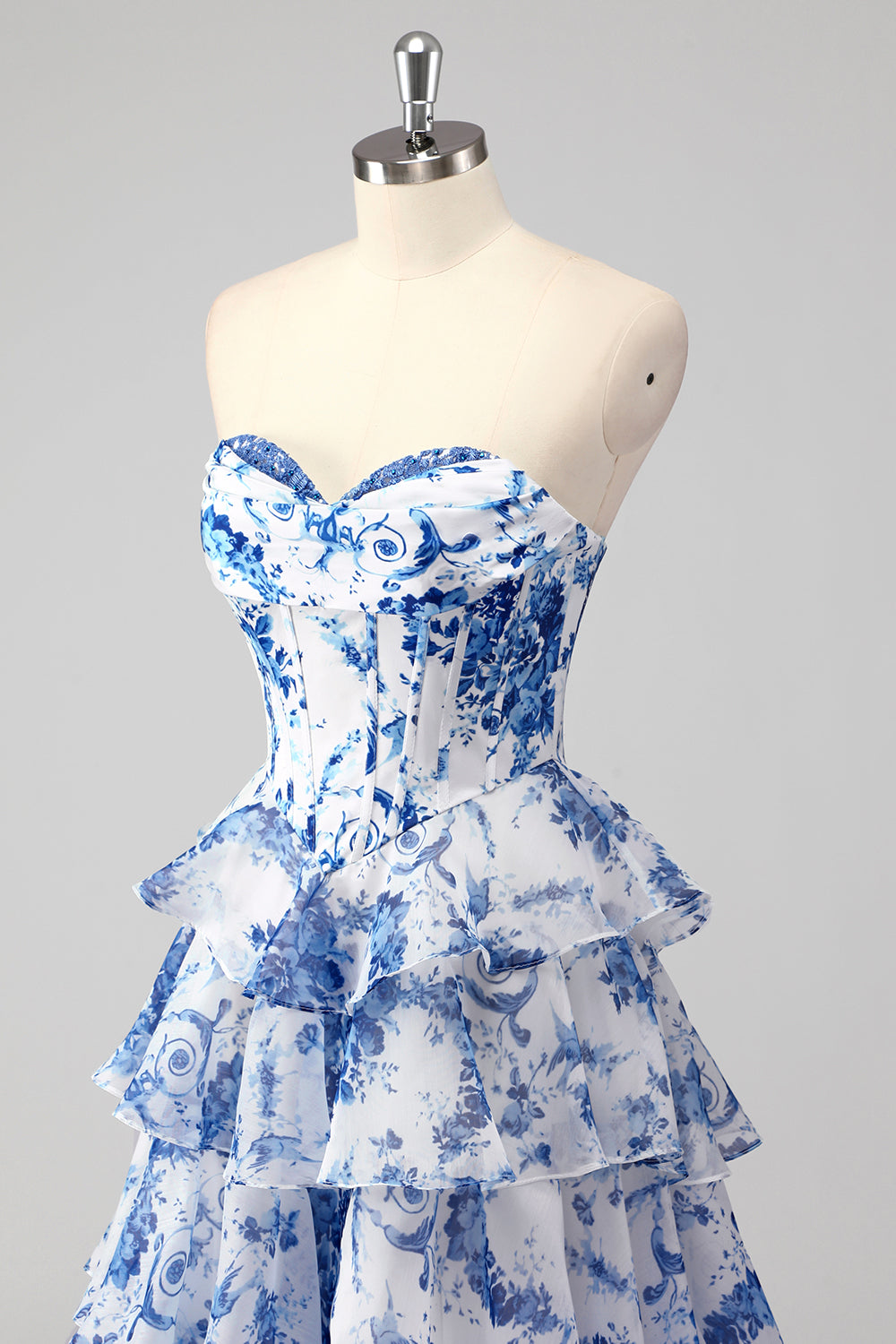 A-Line Blue Floor-Length Graduation Dress with White Flowers, Sweetheart Neckline, Layers, and Slit