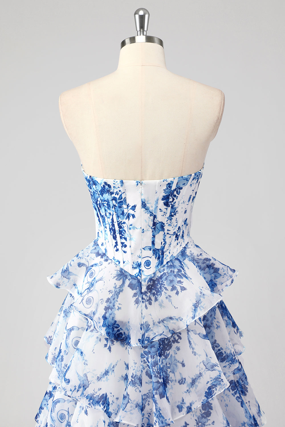 A-Line Blue Floor-Length Graduation Dress with White Flowers, Sweetheart Neckline, Layers, and Slit