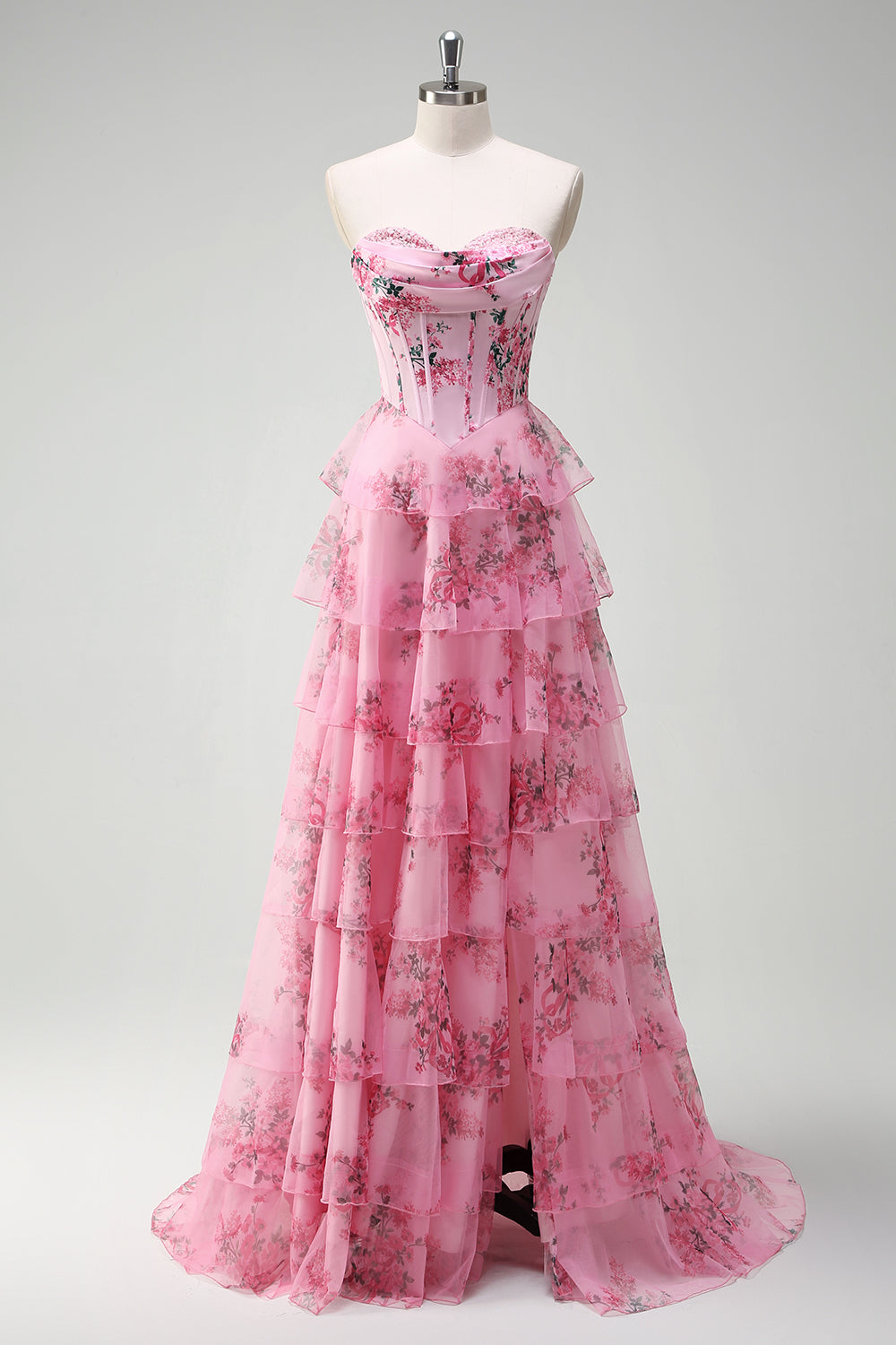 A-Line Blue Floor-Length Graduation Dress with White Flowers, Sweetheart Neckline, Layers, and Slit