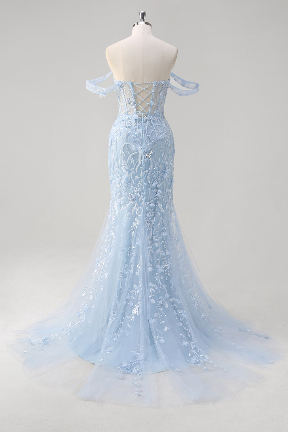 Blue Mermaid Off the Shoulder Sequin Floral Corset Prom Dress