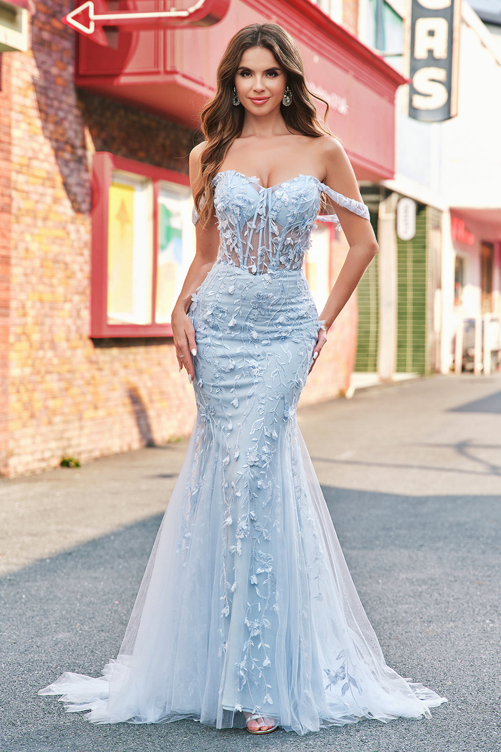Blue Mermaid Off the Shoulder Sequin Floral Corset Prom Dress