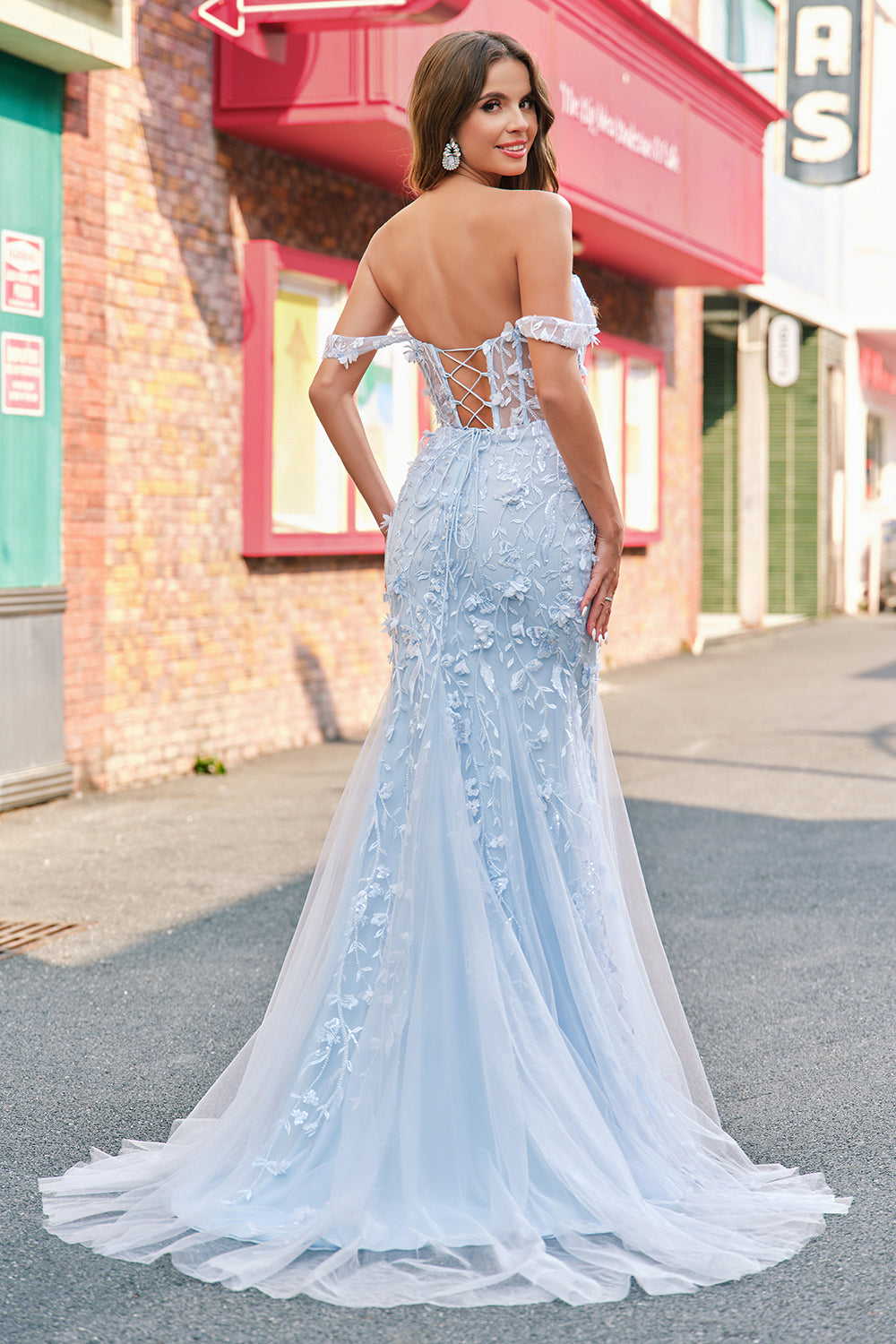 Blue Mermaid Off the Shoulder Sequin Floral Corset Prom Dress