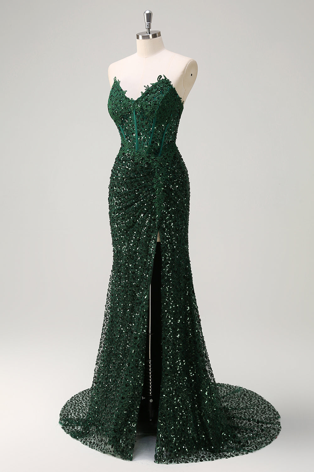 Robe de bal fendue sirène étincelante vert foncé à paillettes et corset en dentelle
