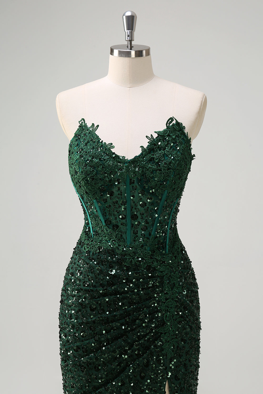 Robe de bal fendue sirène étincelante vert foncé à paillettes et corset en dentelle
